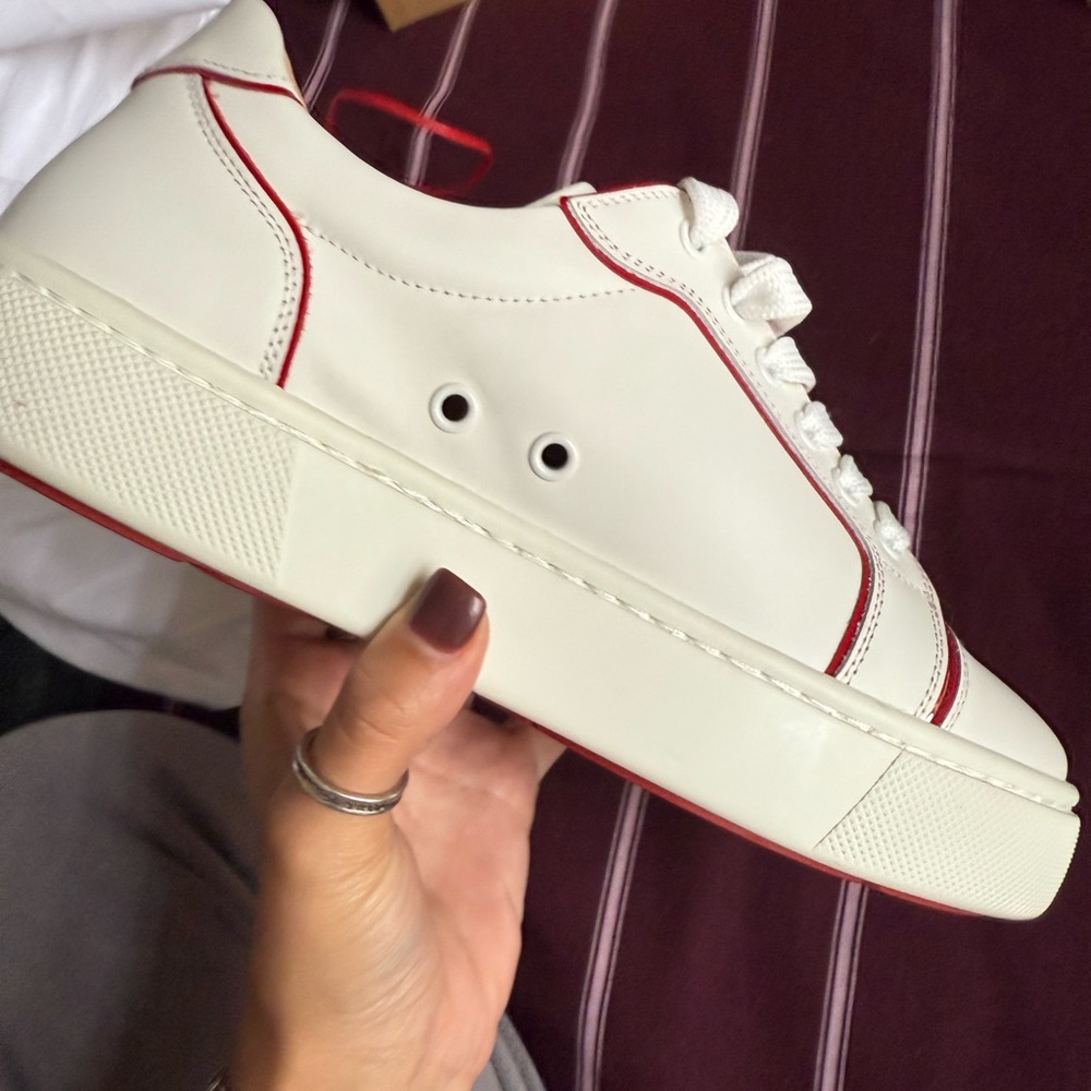 Christian Louboutin White Leather Sneakers with Red Trim - Picture 6 of 8